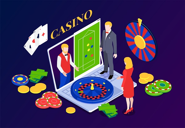 Illustration of a platform for live casino games with roulette, playing table, cards, bills, coins, chips around three characters on top of a laptop